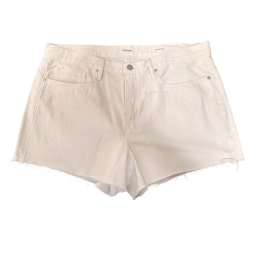 FRAME Le Brigette Short White Denim Raw Hem High Rise Shorts Size 34